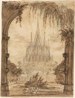 Gothic Cathedral Behind a Pond with Swans, 1810/15. Creator: Karl Friedrich Schinkel.