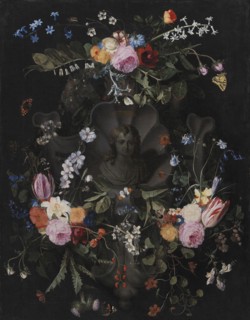 Cartouche with Bust of Christ Surrounded by a Garland of Flowers, 1659. Creator: Andries Bosman.