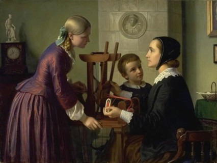 A housewife at her loom, with her two children, 1859. Creator: Constantin Hansen.