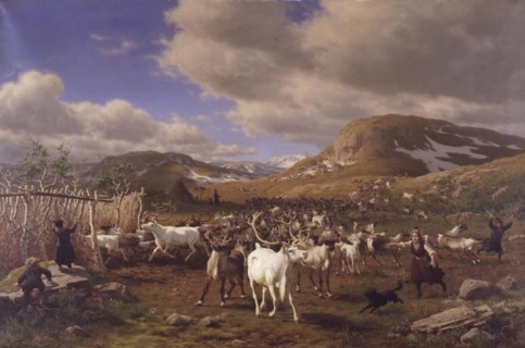 Driving a reindeer herd to milking, high mountains north of Roros, 1875. Creator: Carl Henrik Bogh.