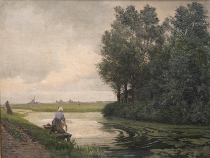 Dutch landscape; a girl washes by a canal, 1876. Creator: Edvard Frederik Petersen.