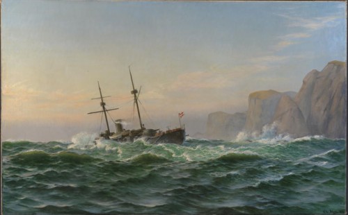 The armored ship "Iver Hvitfeldt" passes Forbjerget Stat on the way to Trondhjem...1893, 1894. Creator: Christian Blache.