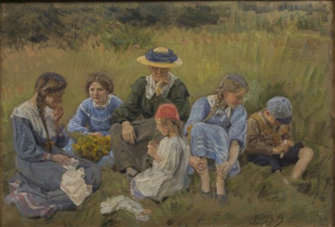 Rest in the meadow; The artist's wife and children, 1909. Creator: Joakim Skovgaard.