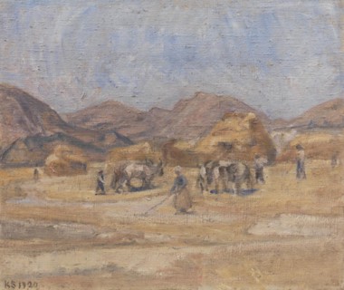 The threshing floor at Cività d'Antino; La battitura del grano a Cività d'Antino, 1920. Creator: Karl Schou.