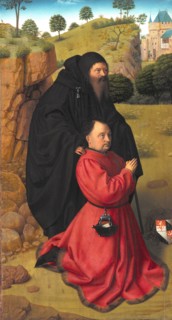 Altar Panel with a Portrait of a Donor in Scarlet under the Protection of St Anthony, 1448-1451. Creator: Petrus Christus.