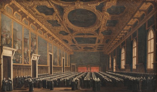 The Doge and Grand Council in Sala del Maggior Consiglio, 1761-1765. Creator: Canaletto.