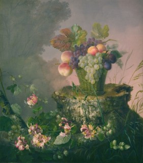 Basket of Flowers standing on a Tree Stump, 1814-1875. Creator: Hermania Neergaard.