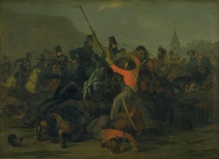Colonel Boncke Bönnichsen's fall on 6 December 1813 during a duel between Jutland..., 1816-1824. Creator: Jorgen Sonne.