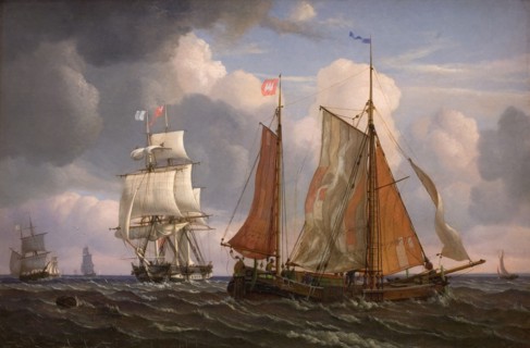 Ships Sailing and Beating up against the Wind in the Sound, 1832. Creator: Adolph Friedrich Vollmer.