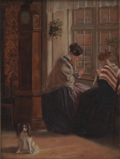 To damer sidder ved et vindue og syr, 1839-1911. Creator: Christian Rudolph Vogelsang.