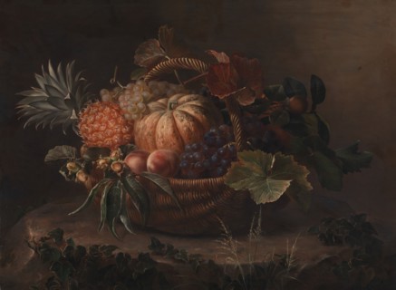 Basket of fruit on a tree stump, 1844. Creator: Johan Laurentz Jensen.