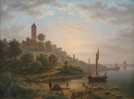The coast at Vordingborg with the Goose Tower (Gåsetårnet), early morning, 1848. Creator: Jens Peter Møller.