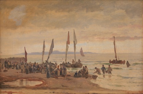 Returning fishermen are received at Hornbæk Strand, 1848-1891. Creator: Carl Neumann.