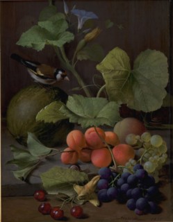 Still Life with Fruits and a Goldfinch, 1855. Creator: Otto Didrik Ottesen.