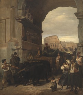 Roman Workmen Transporting an Antique Imperial Statue from the Colosseum through the..., 1866-1867. Creator: Ludvig Abelin Schou.