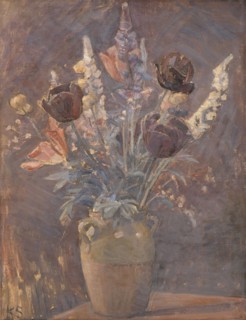 Ceramic vase with tulips, 1885-1938. Creator: Karl Schou.