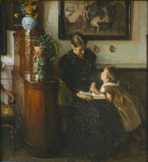 The artist's wife and child reading, 1893. Creator: Viggo Johansen.