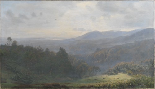 The fog lifts over the forests at Himmelbjerget. Early autumn morning, 1895. Creator: Harald Foss.