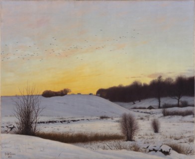 Snowy landscape with a hill - sunset, 1895. Creator: Adolf Alfred Larsen.