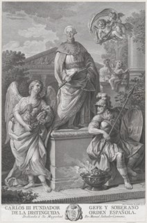 Allegorical portrait of Carlos III standing on a pedestal flanked by figures (War and Peac..., 1778. Creator: Manuel Salvador Carmona.