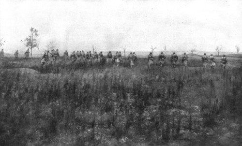 'La bataille de Champagne; En terrain conquis: les troupes de poursuite suivent les troupes d'assaut Creator: Unknown.