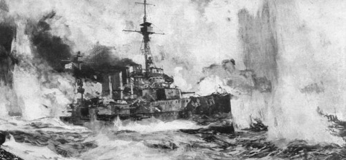 'La bataille navale du Jutland; Au fort du combat: le croiseur anglais Warrior... 1916 (1924) Creator: Charles Dixon.