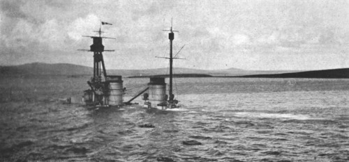 'Le sabordage de la flotte allemande; Le "Hindenburg" repose sur le fond; les cheminees..., 1919. Creator: Unknown.