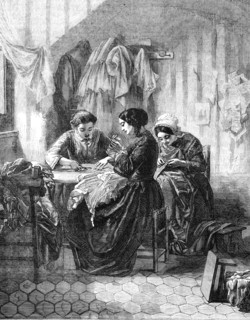 The Industrious Needlewomen - painted by M. Trayer - from the Exhibition of French Artists, 1856.  Creator: Unknown.