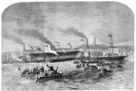 Launch of Three Iron Screw Steam-Vessels, at Newcastle-on-Tyne, 1856.  Creator: Unknown.