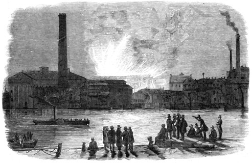 The Fire at the Vauxhall Railway Station, seen from Millbank, 1856.  Creator: Unknown.