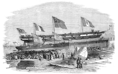 Launch of "The Genova" Steam-ship, at Messrs. Mare's, Blackwall, 1856.  Creator: Unknown.