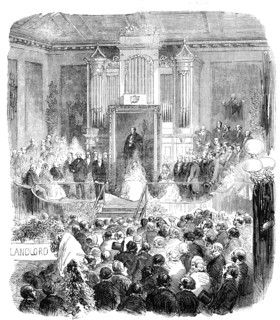 Presentation to Viscountess Dungannon, in Victoria Hall, Belfast - from a photograph by Glyde, of Be Creator: Unknown.
