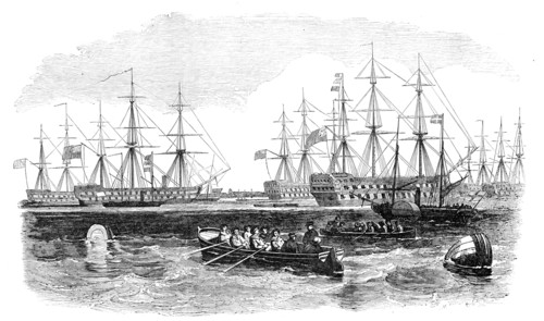 The Grand Naval Review, at Spithead: The Fleet from the South - sketched by J. W. Carmichael, 1856.  Creator: Unknown.