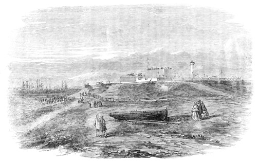 The Grand Naval Review, at Spithead: Southsea Castle, towards Portsmouth, 1856.  Creator: Unknown.