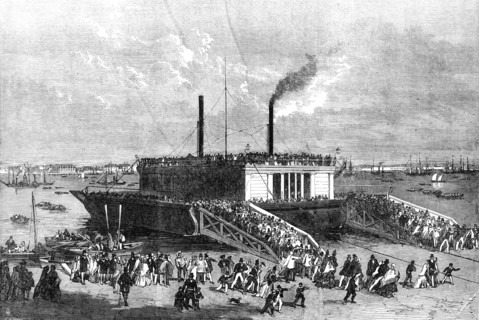 The Grand Naval Review, at Spithead: Excursionists on the Floating-Bridge at Portsmouth, 1856.  Creator: Edmund Evans.