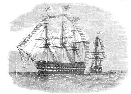 The Naval Review: the Pivot-Ships "Rodney" and "London" - drawn by E. Weedon, 1856.  Creator: Unknown.