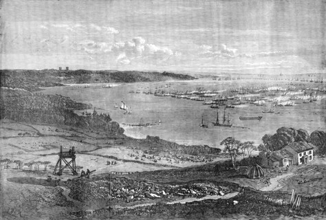 The Naval Review: the Flotilla of Gun-Boats off the Motherbank - drawn by R. Leitch, 1856.  Creator: Unknown.