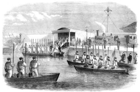 The Naval Review: the Queen and Royal Family embarking at Portsmouth - sketched by R. Landells, 1856 Creator: Unknown.