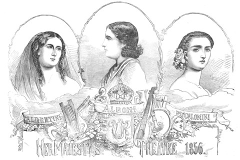 Prime Donne at Her Majesty's Theatre: Albertini, Alboni and Piccolomini, 1856.  Creator: Unknown.