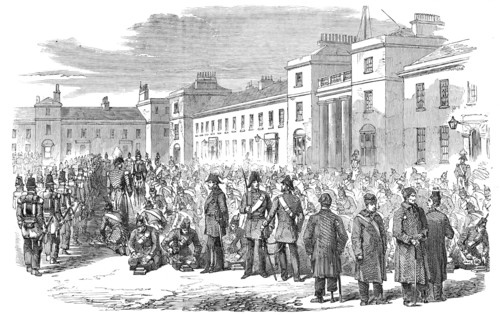 Inspection of the Royal Sappers and Miners at Brompton Barracks, Chatham, by Sir John Burgoyne, 1856 Creator: Unknown.