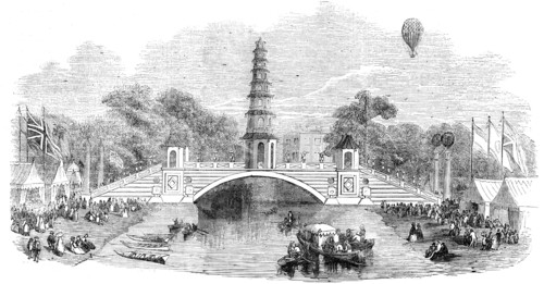 Peace Commemoration, 1814 - Chinese Pagoda and Bridge, in St. James's-Park, 1856.  Creator: Unknown.