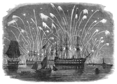 The Peace Commemoration at Plymouth - Rockets and General Illumination of the Fleet in the Sound - f Creator: Unknown.