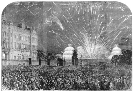 The Peace Commemoration: the Fireworks, sketched from the Mall, in St. James's Park, 1856.  Creator: Unknown.