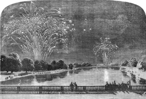 The Peace Commemoration - the Fireworks in Hyde-Park and the Green-Park, sketched from Kensington-Ga Creator: Unknown.