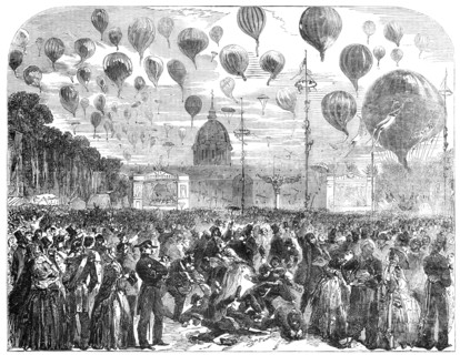 The Ascent of Balloons from the Esplanade of the Invalides, 1856.  Creator: Unknown.