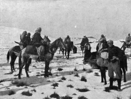 ''Les Alpins Marocains; Mokhazenis a cheval, emportant leurs skis en travers de la selle', c1916. Creator: Unknown.