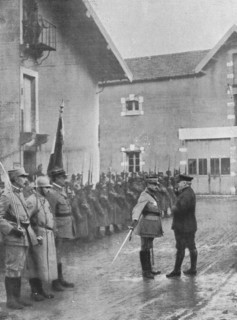 'M. Poincare a Verdun; le general Mangin, salue de l'epee le President de la Republique qui..., 1916 Creator: Unknown.