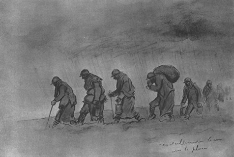 'Deux pages de l'album de sem : "quelques croquis de guerre"; Ravitaillement le soir..., 1916. Creator: Georges Goursat.