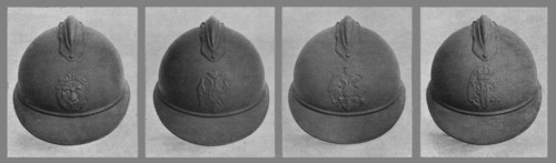 'Les casques fabriques par la France pour les armees: de gauche a droite, casques..., 1916. Creator: Unknown.