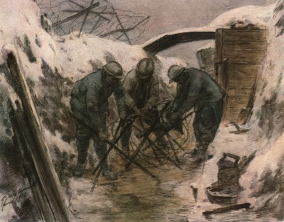 'Trois aquarelles du front; construction de reseaux barbeles dans une tranchee..., 1916. Creator: Douy Pascault.